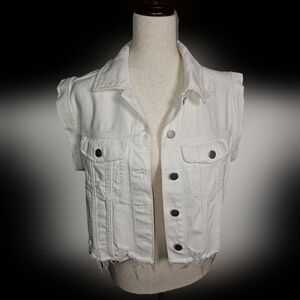 Liverpool White Denim Sleeveless Distressed, Ripped, Raw Hem Silver Hdwr, Vest